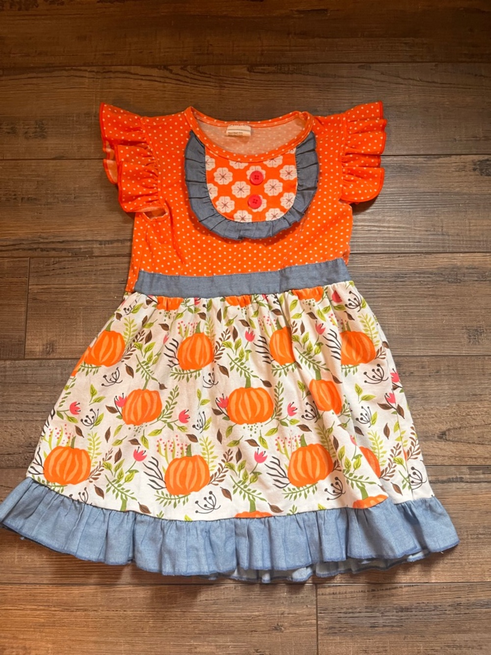 Girls Orange Pumpkin Print Casual Dress with Ruffled Denim Trim